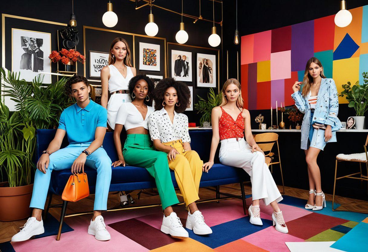 A vibrant fashion scene showcasing a diverse group of individuals in trendy outfits, each reflecting unique styles and aesthetics. The background features a chic urban setting with fashion boutiques and greenery, enhancing the stylish ambiance. Soft lighting to highlight the textures of the clothing and accessories, creating an inviting atmosphere. Incorporate playful elements like color swatches and fashion sketches floating around. super-realistic. vibrant colors. 3D.